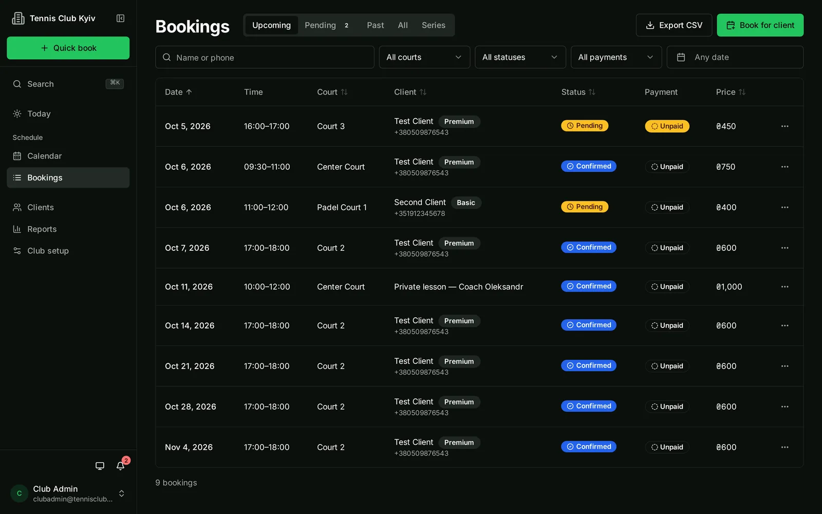 Bookings list with filters, status and payment badges and prices