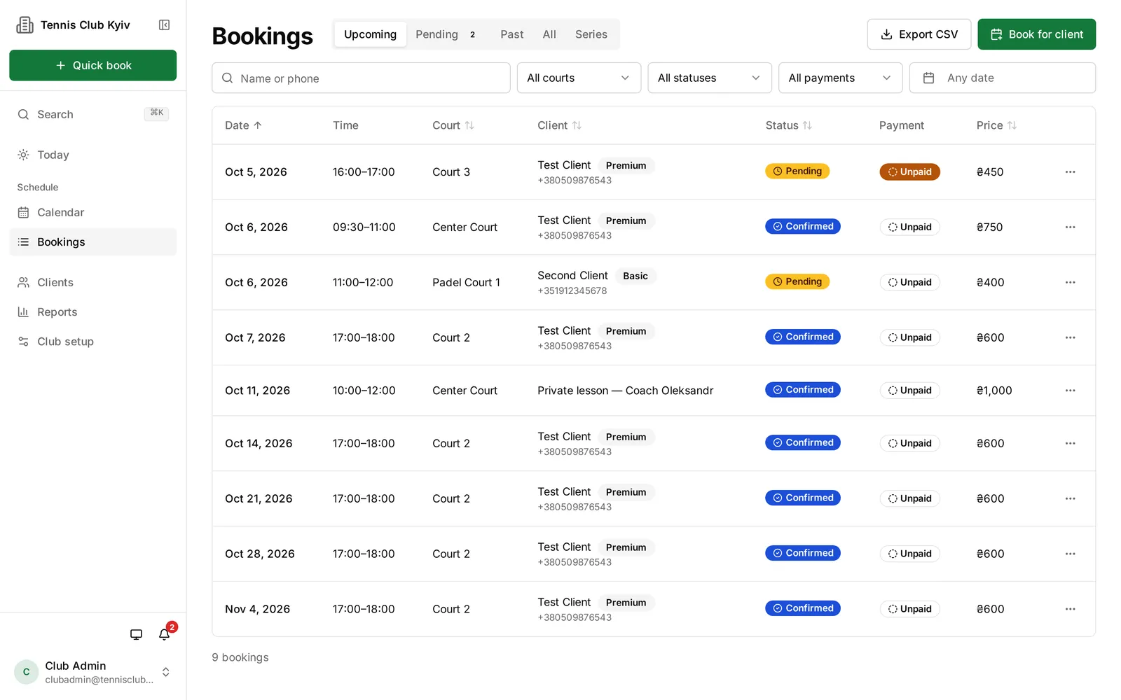 Bookings list with filters, status and payment badges and prices