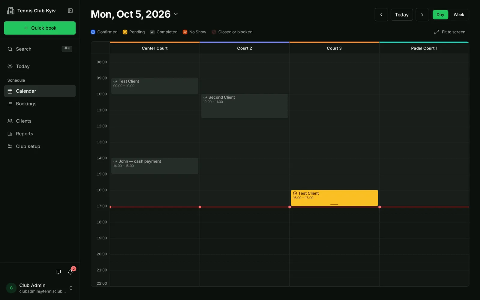 Admin calendar in day view with one column per court and the current time marked