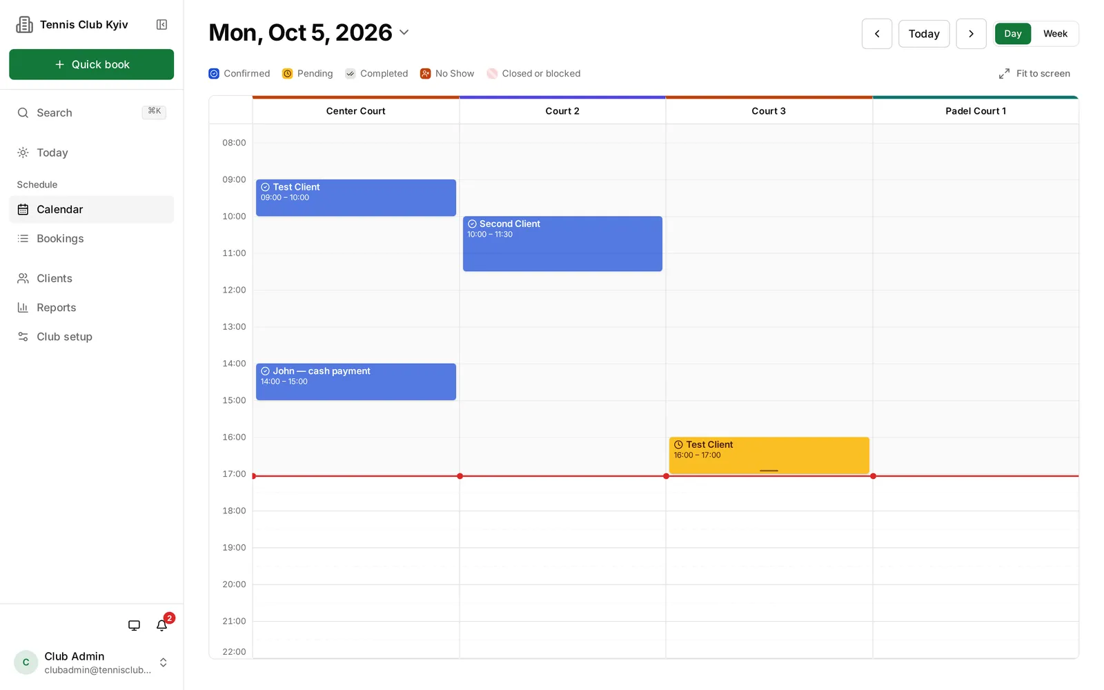 Admin calendar in day view with one column per court and the current time marked