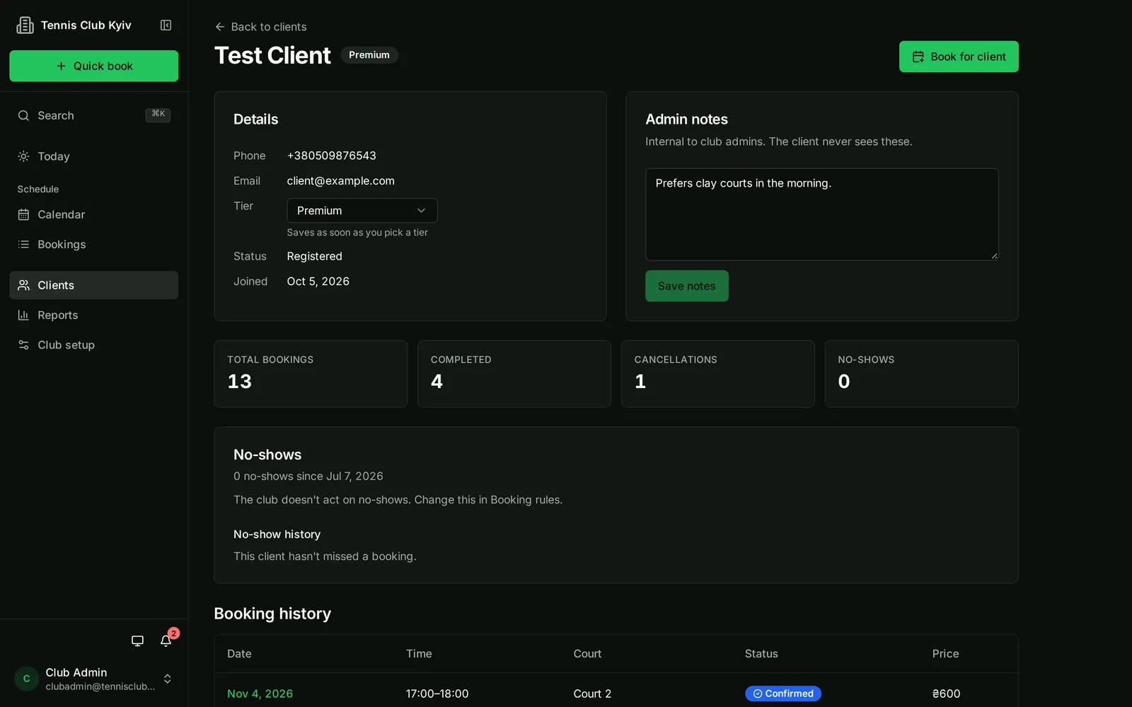 Client profile with details, admin notes, booking stats and history