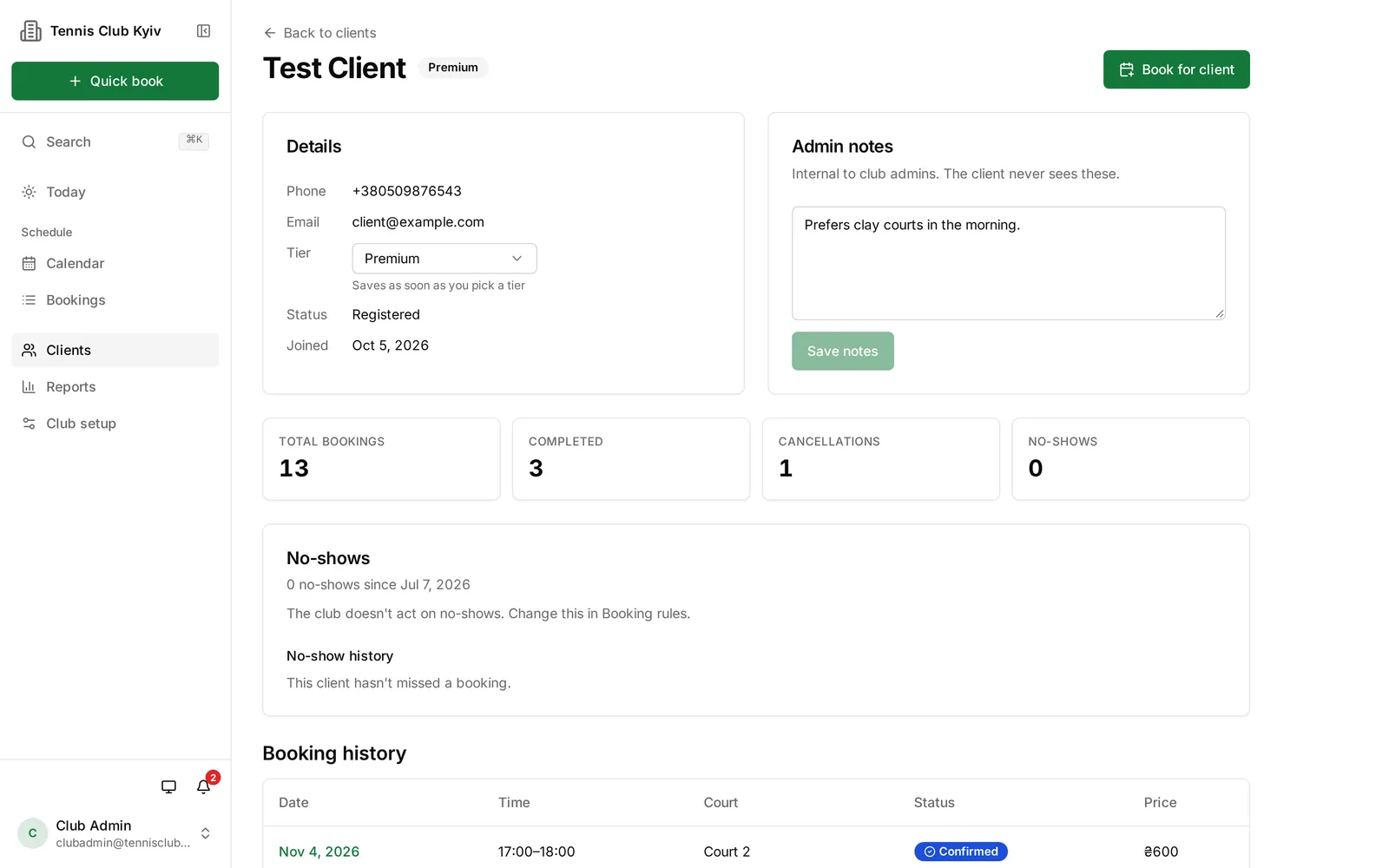 Client profile with details, admin notes, booking stats and history