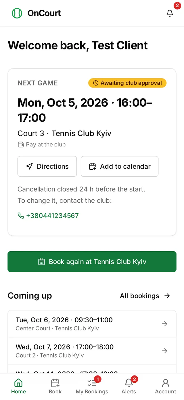 Player home on a phone: next game, directions and upcoming bookings