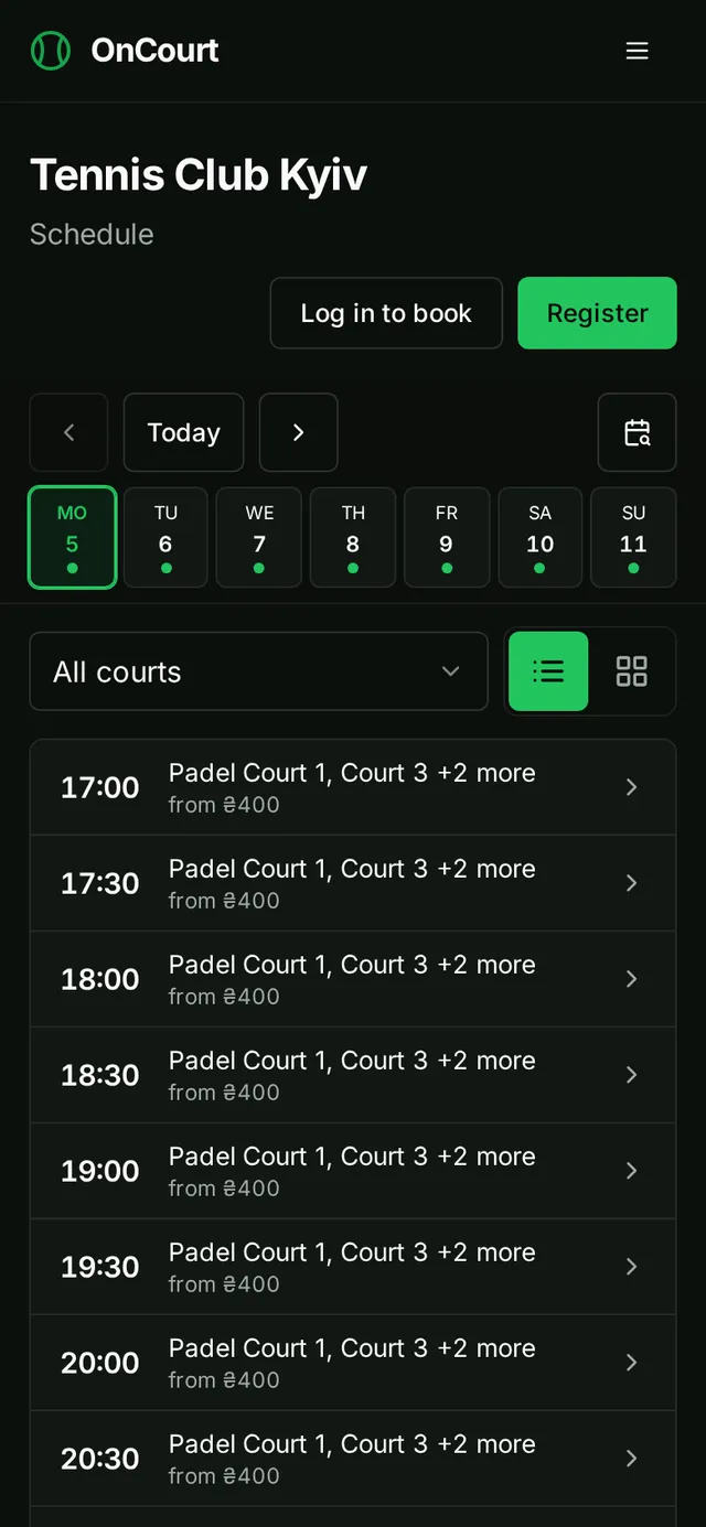 Public schedule on a phone: free times for today, one tap to book