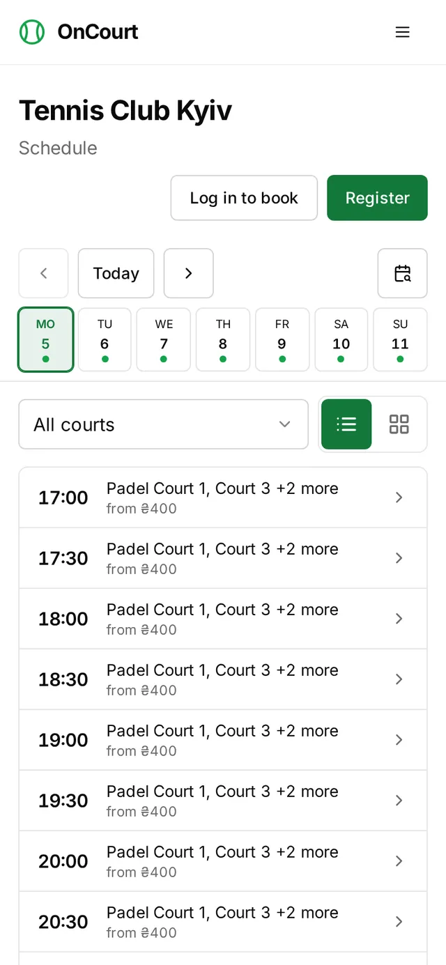 Public schedule on a phone: free times for today, one tap to book